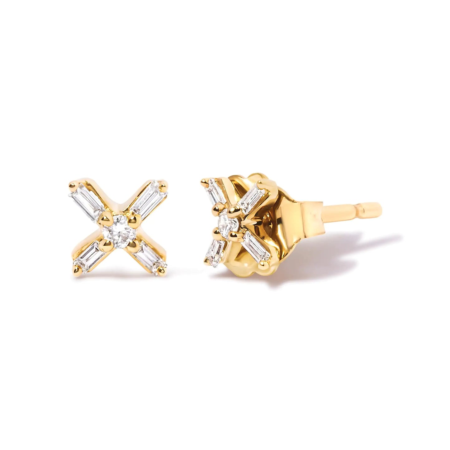 10K Yellow Gold Round &amp; Baguette Diamond Stud Earrings 1/10 Carat Cttw X-Shaped Crossover Design (HI Color, I1-I2 Clarity)