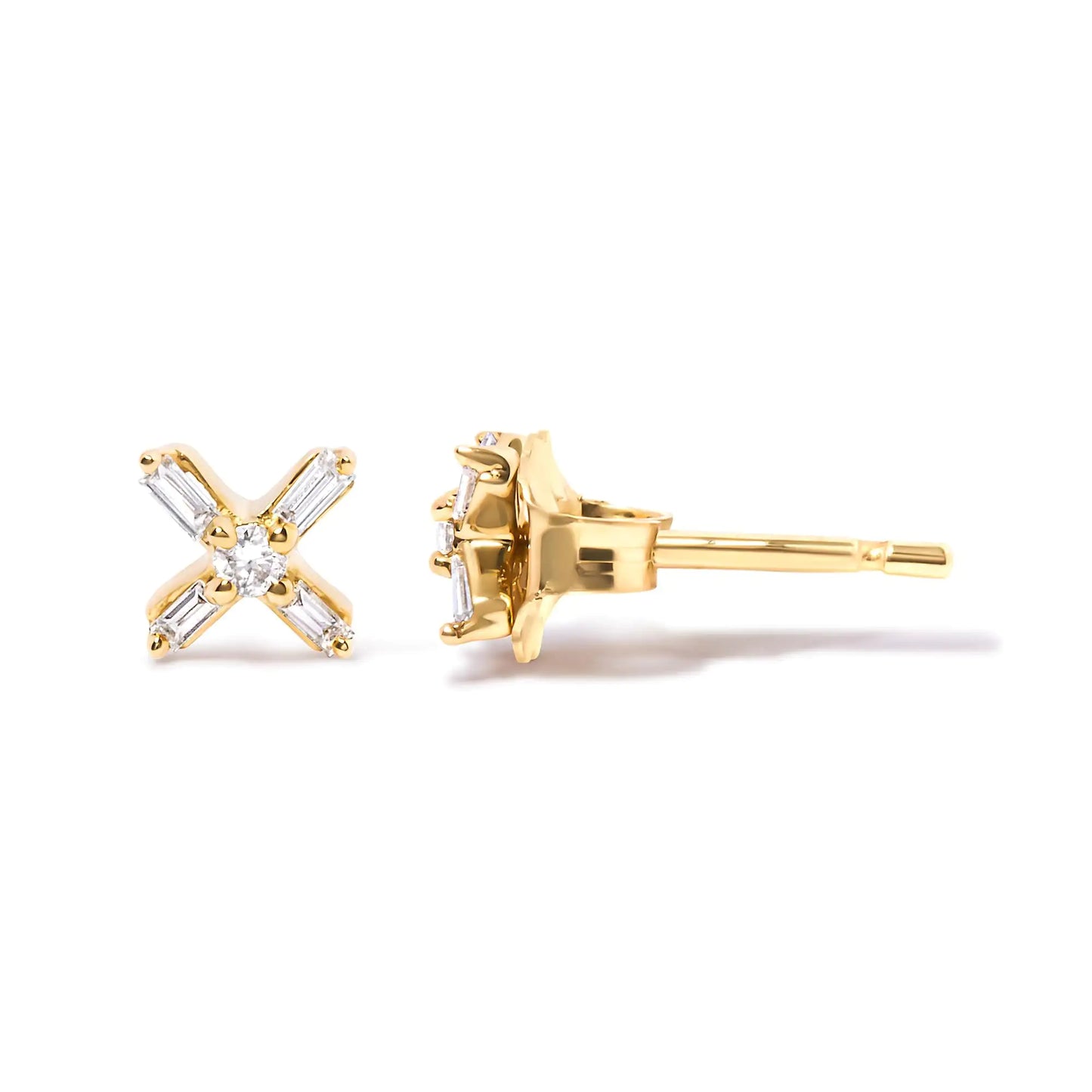 10K Yellow Gold Round &amp; Baguette Diamond Stud Earrings 1/10 Carat Cttw X-Shaped Crossover Design (HI Color, I1-I2 Clarity)